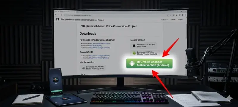 Ultra-realistic screenshot of RVC official website download page, with a red arrow pointing to the "RVC Voice Changer Mobile Version (Android)" download button, cinematic lighting highlighting the button, professional photography, 8k detail-rich