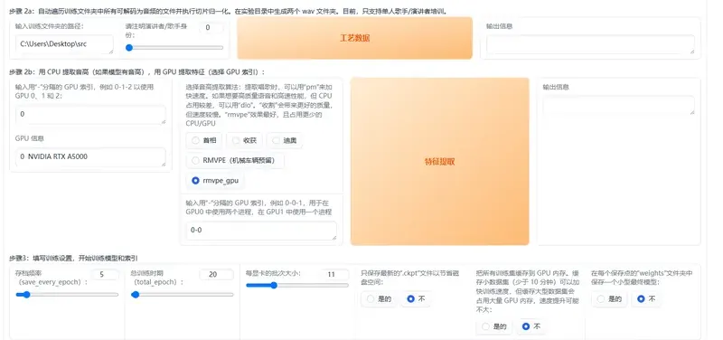 RVC 特征提取界面截图，展示训练文件夹路径、GPU 索引、f0 提取算法和训练参数设置